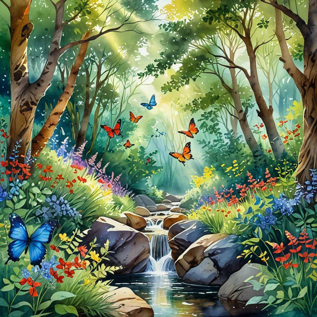A serene landscape featuring a sunlit pathway winding through a lush green forest, dotted with vibrant wildflowers and cheerful birds. In the foreground, a joyful figure practicing yoga on a rock, radiating positive energy and surrounded by beams of sunlight filtering through the trees. Include elements of nature like butterflies and a bubbling brook to evoke a sense of tranquility and happiness. watercolor, vibrant colors, ethereal light.